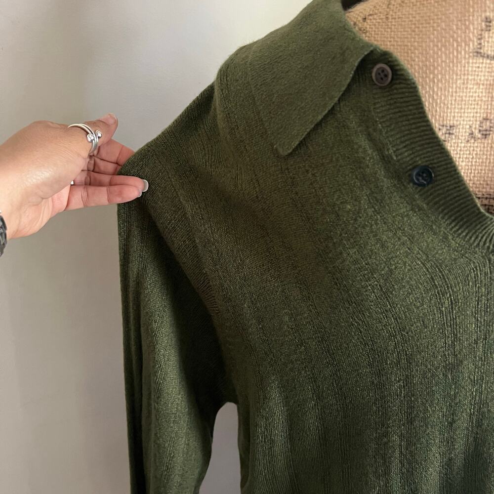 Vintage 90s Olive Button Collar Sweater Mens L Polo Cozy Minimalist - Picture 9 of 17